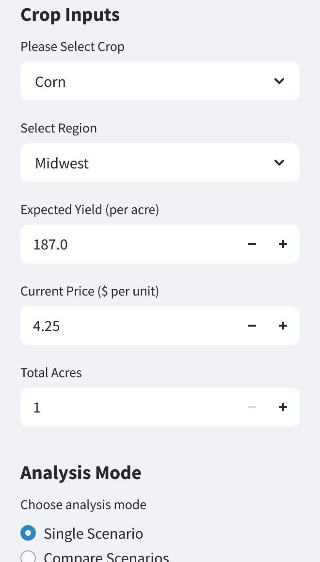 TG360 crop inputs screen for selecting crop, region, expected yield, price, and total acres