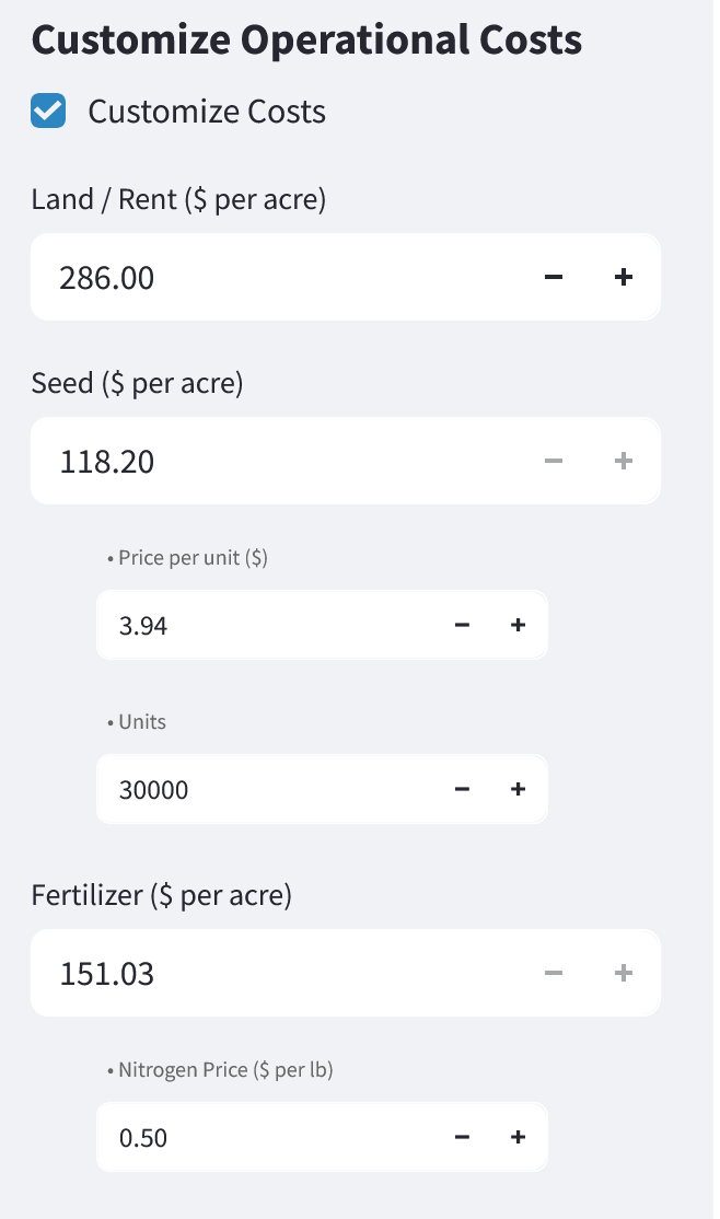 TG360 customize operational costs panel with editable land rent, seed, and fertilizer costs per acre