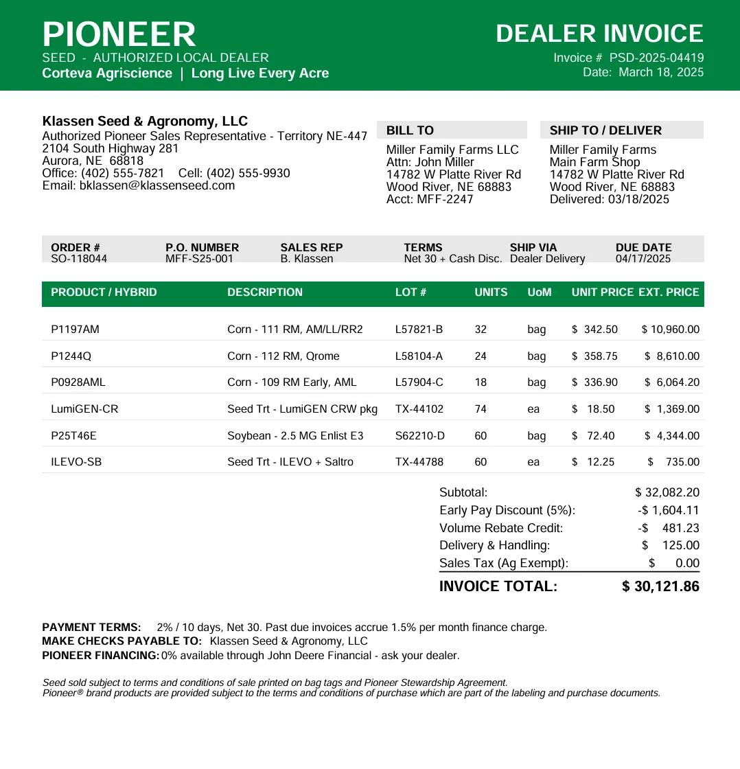 A seed dealer invoice uploaded to TG360 as a source document for automated expense coding