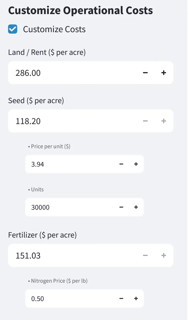 TG360 customize operational costs panel with editable land rent, seed, and fertilizer costs per acre