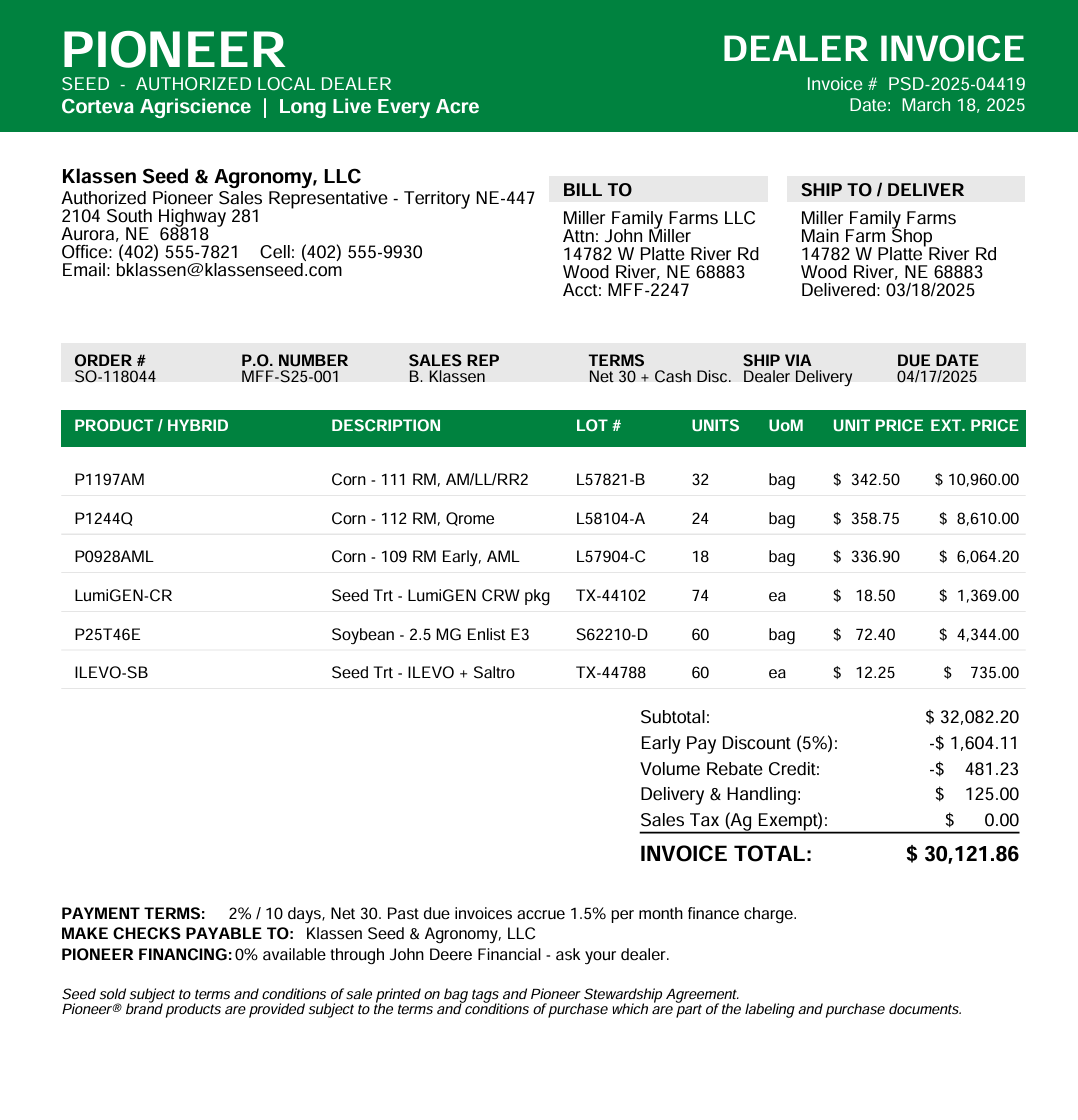 A seed dealer invoice uploaded to TG360 as a source document