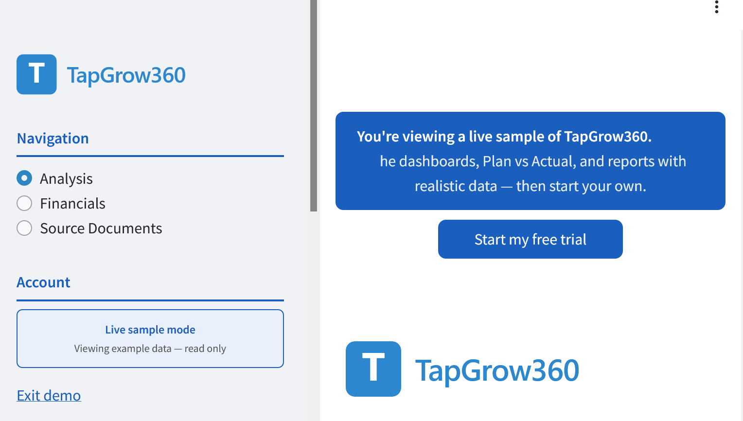 TG360 navigation sidebar with Analysis, Financials, and Source Documents sections in live sample mode
