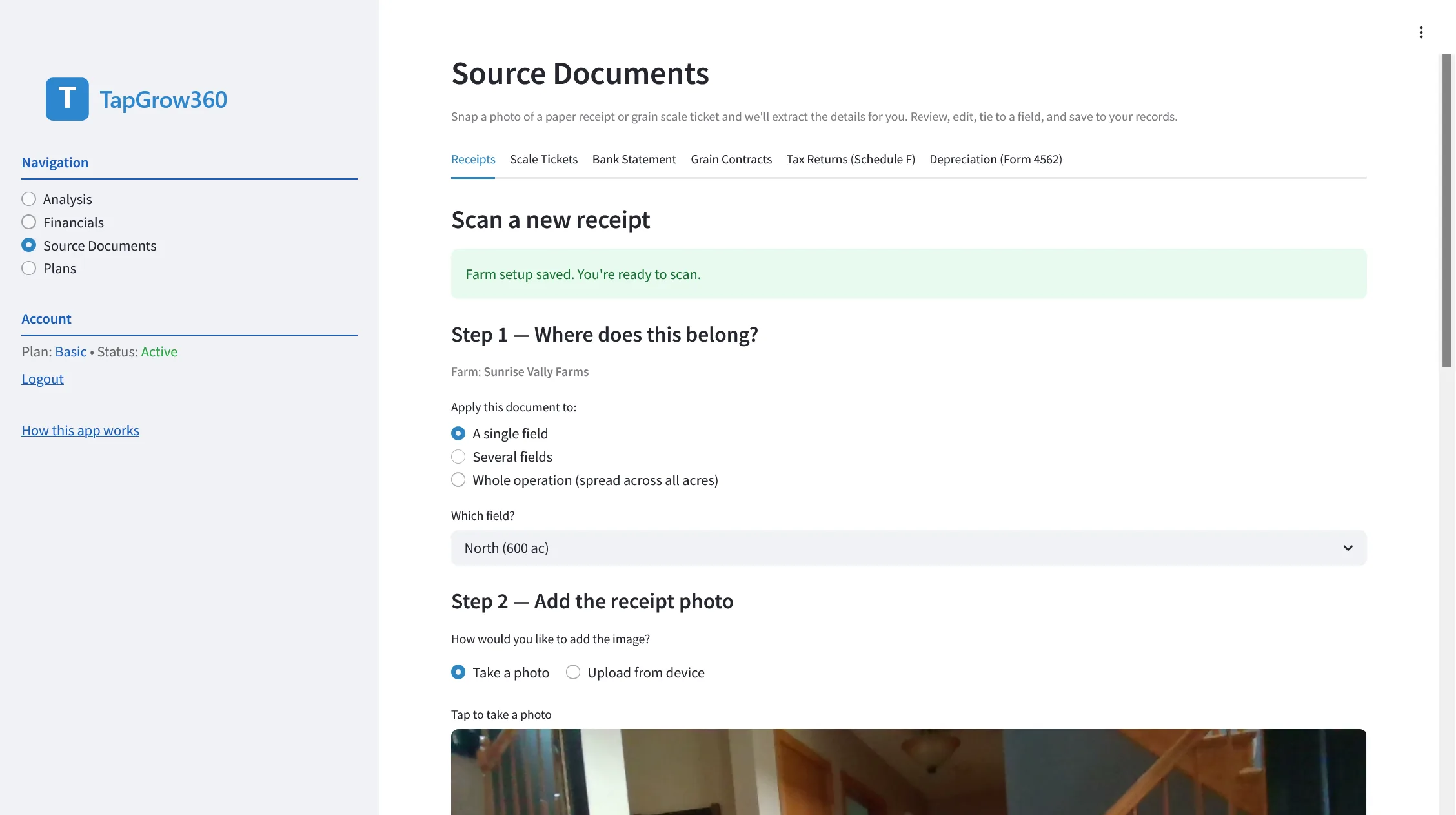 TG360 Source Documents screen scanning a Pioneer seed dealer invoice and assigning it to a field